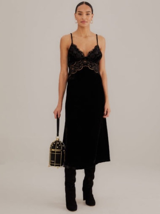 FARM Rio Dresses & Skirts - FARM Rio Black Richelieu Velvet Slip Midi Dress Lace Trim Spaghetti Strap Size L